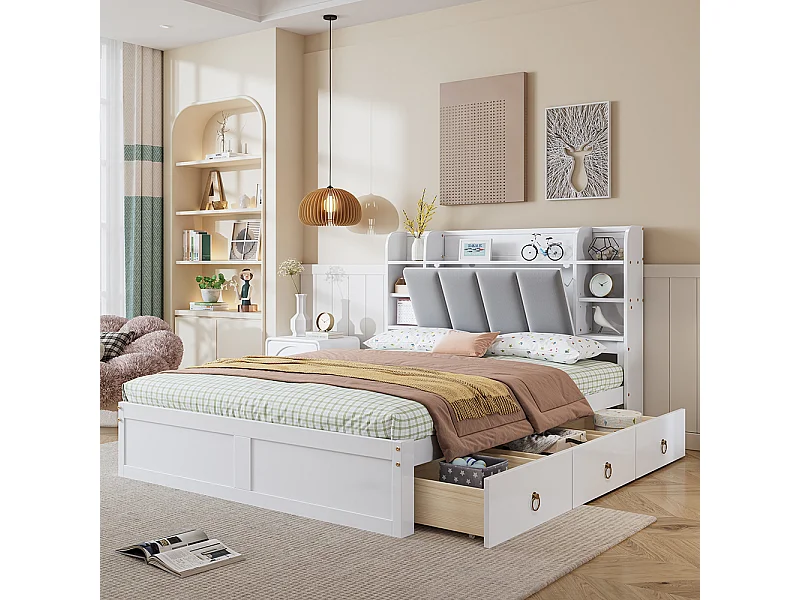 Erwachsener Doppelbett, 140x200 cm, offenes Regal, drei Schubladen mit Rädern, Abstellraum mit Klapptüren, weiß+grau