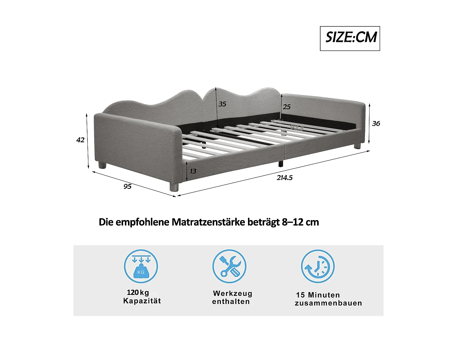 Cama infantil, Sofabed 90*200 cm, somier en tejido osito, con respaldo y reposabrazos, gris