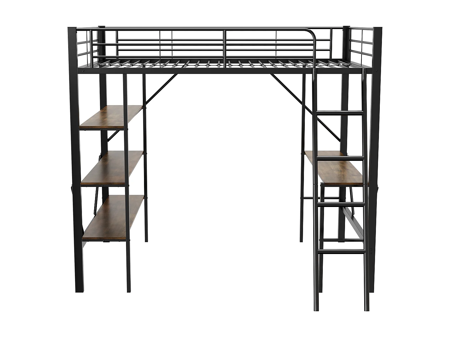 90x200cm Bettrahmen Metallbett, Etagenbett mit Tisch und drei großen Regalen, Schwarz