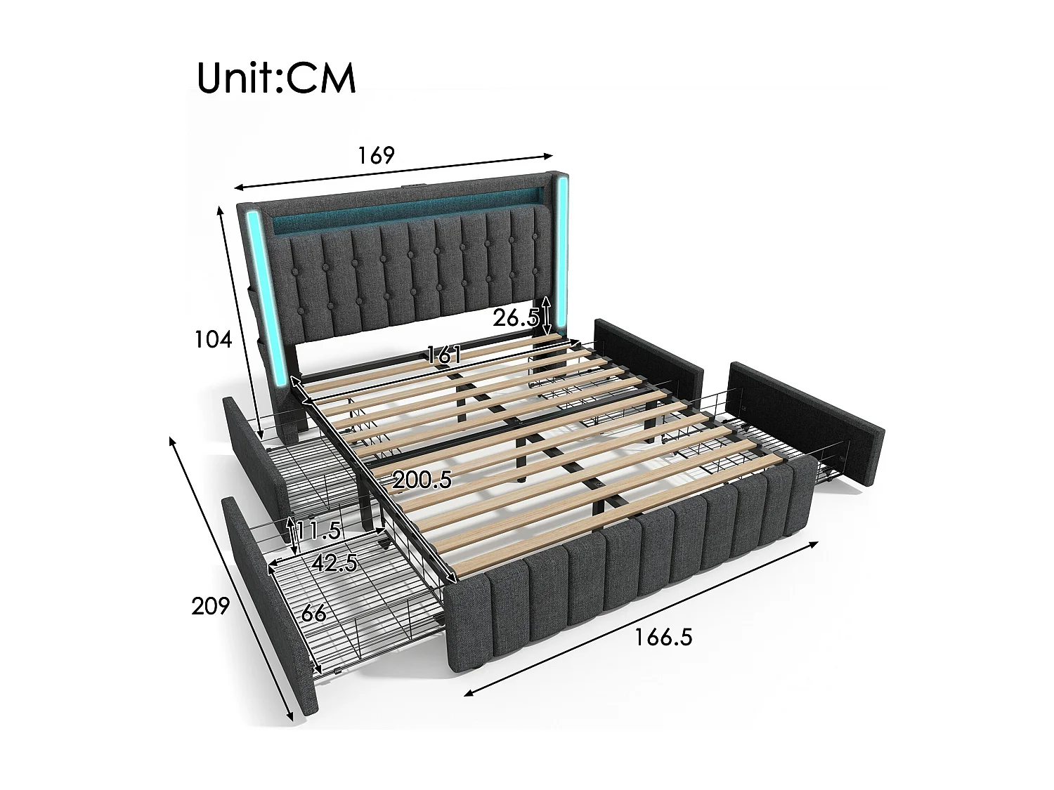 Letto imbottito per adulti con caricatore USB Type-C + illuminazione LED + 4 cassetti, letto matrimoniale 160x200 cm, grigio (senza materasso)