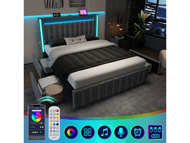 Polsterbett für Erwachsene mit USB-Ladegerät Typ C + LED-Beleuchtung + 4 Schubladen, Doppelaufbewahrungsbett 160x200 cm, grau (ohne Matratze).