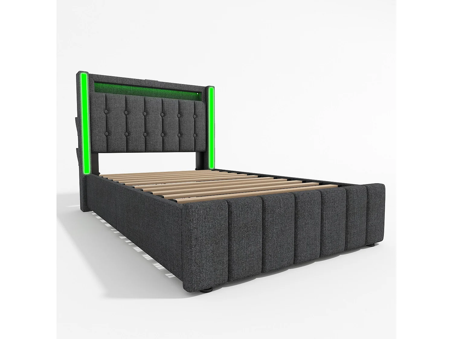Cama acolchoada para adulto 180 x 993 cm, sem cabeceira, com faixa LED (monocromática), base com suspensão hidráulica, bege.