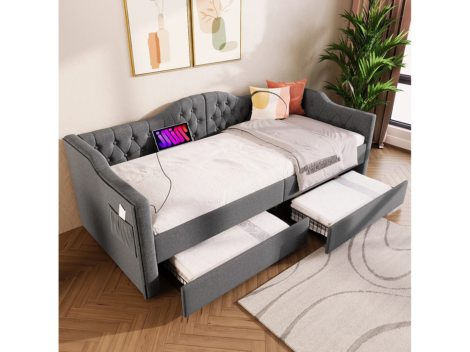 Cama tapizada, sofá cama de 90x190 cm, con carga USB tipo C y 2 cajones, lino gris (sin colchón)