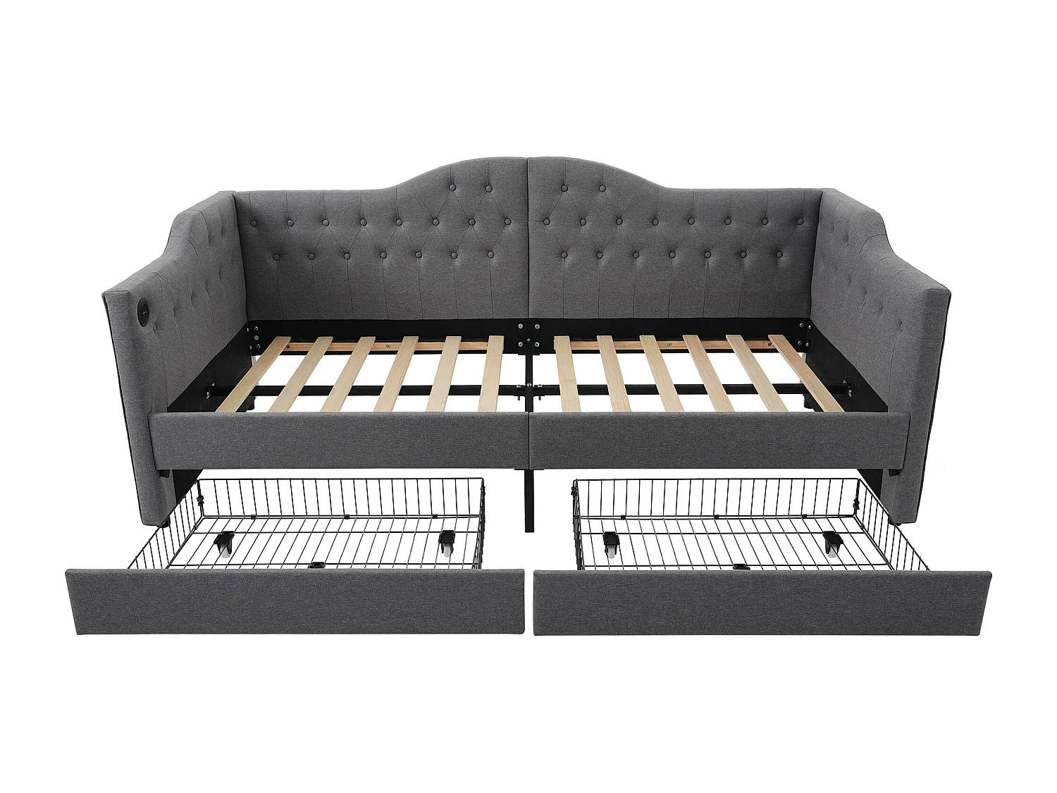 Polsterbett, Schlafsofa, Stauraumbett, Bettrahmen mit USB Typ C Ladefunktion und 2 Schubladen 90x190 cm, Leinen grau (Matratze nicht enthalten)