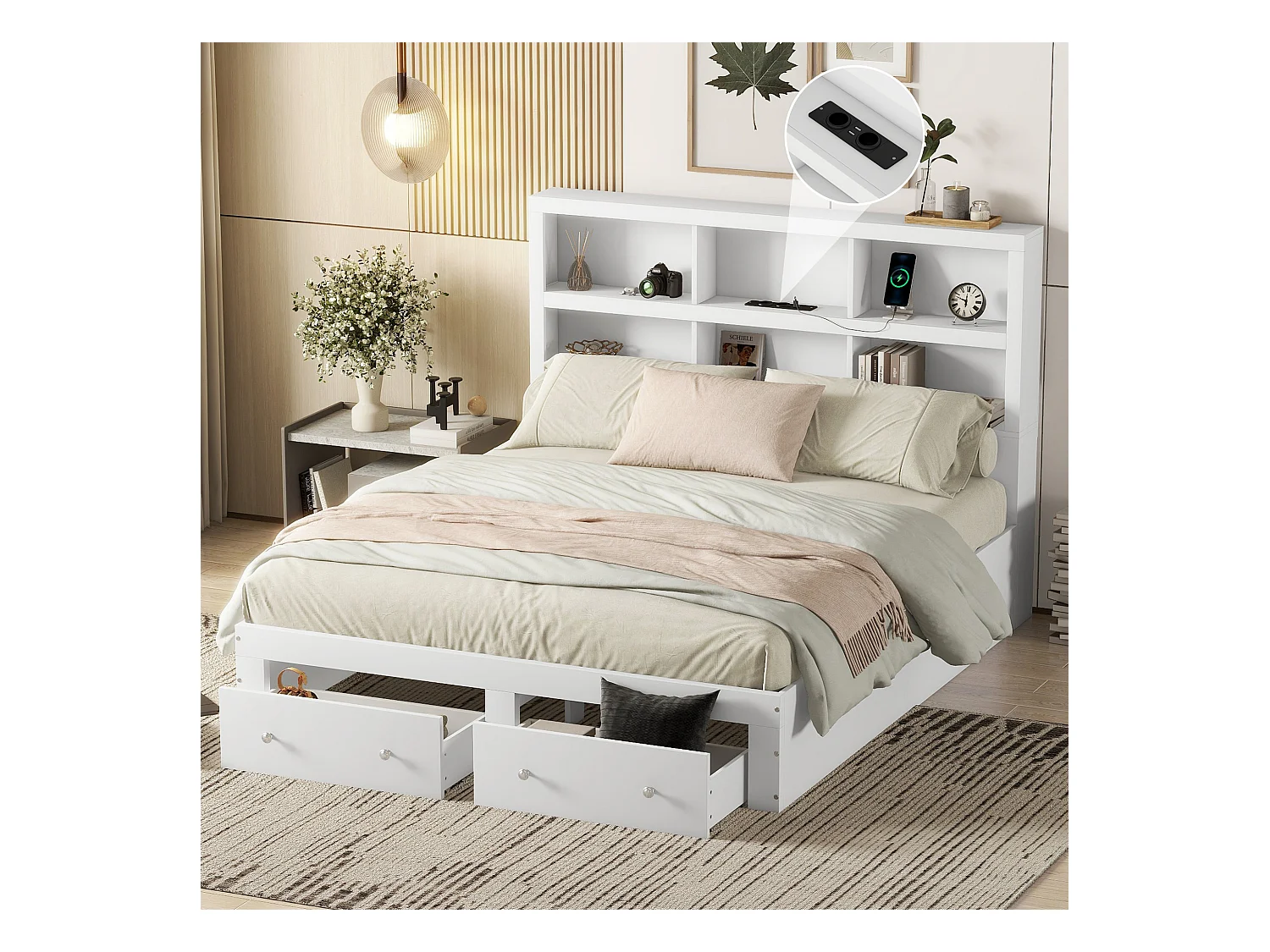 160*200 cm lit double de rangement avec deux tiroirs et espace de rangement tête de lit, blanc