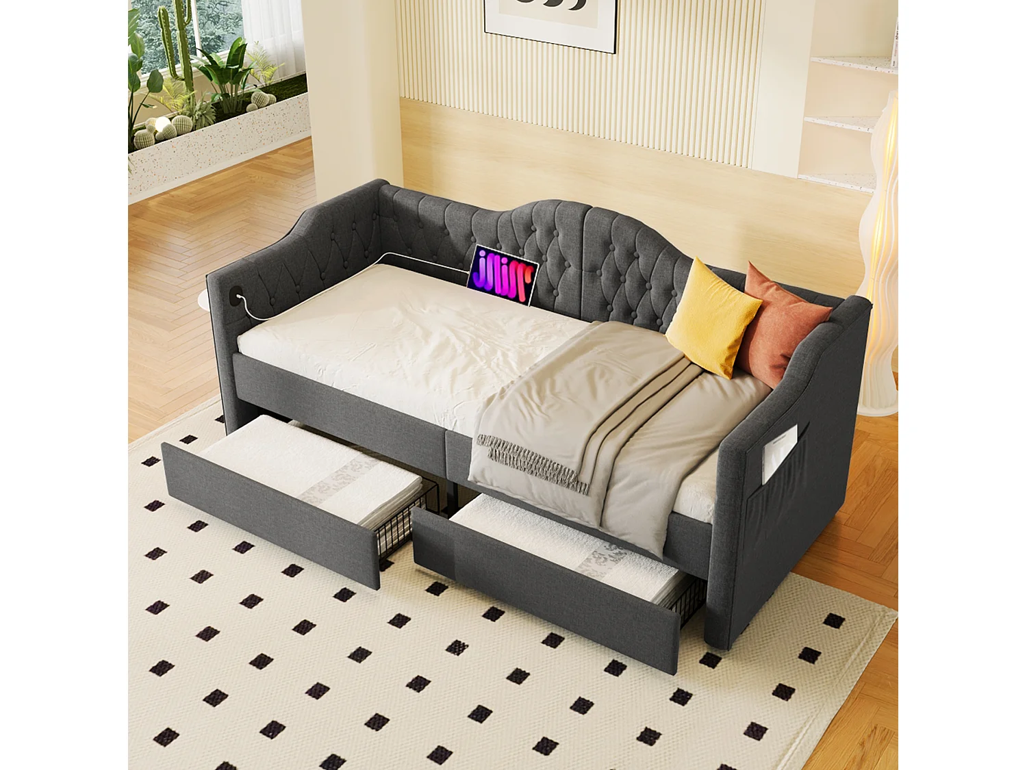 Cama acolchoada para adulto 180 x 819 cm, sem cabeceira, com faixa LED (monocromática), base com suspensão hidráulica, bege.