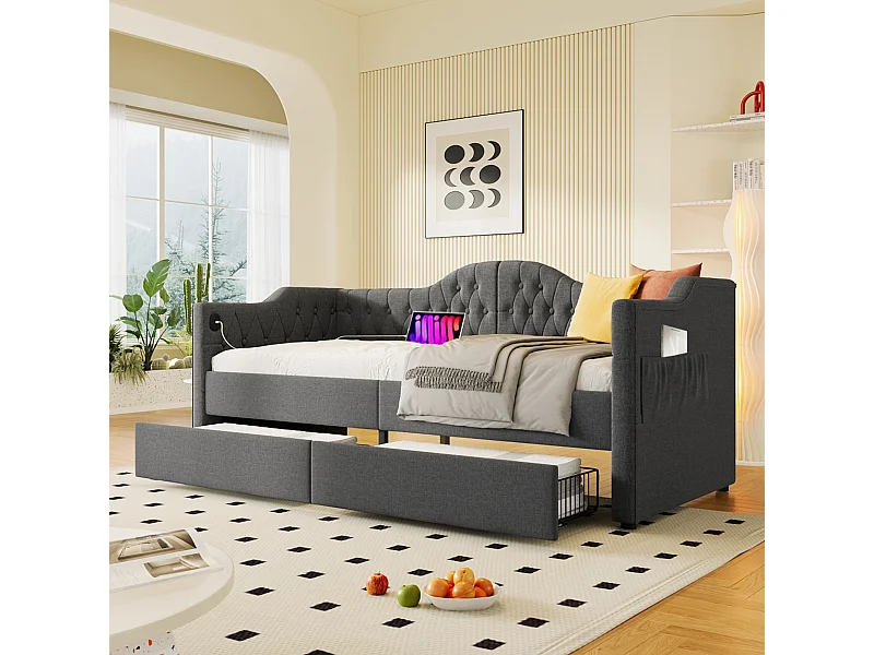 Cama tapizada, sofá cama, cama contenedor 90x200cm, somier con función de carga USB tipo C y 2 cajones, Ropa de cama gris (sin colchón)