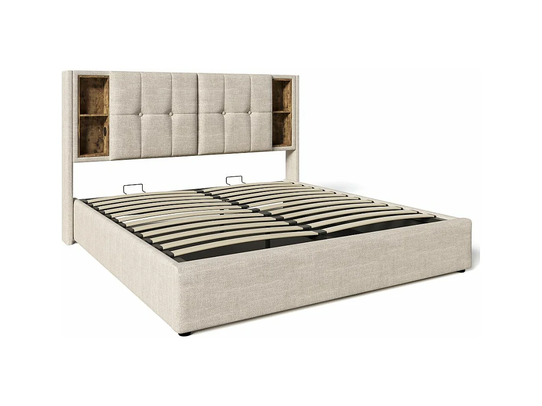 Lit adulte, Cadre de lit double rembourré 140x200cm avec espace de rangement et recharge sans fil USB C, cadre de lit en bois et lin naturel