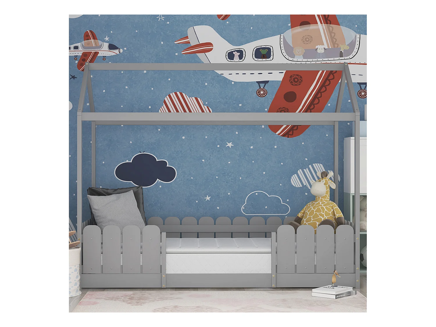 Lit cabane 90x200 cm - Lit d'enfant en bois polyvalent pour garçons & filles - Avec protection contre les chutes et sommier à lattes - Gris (Sans matelas)