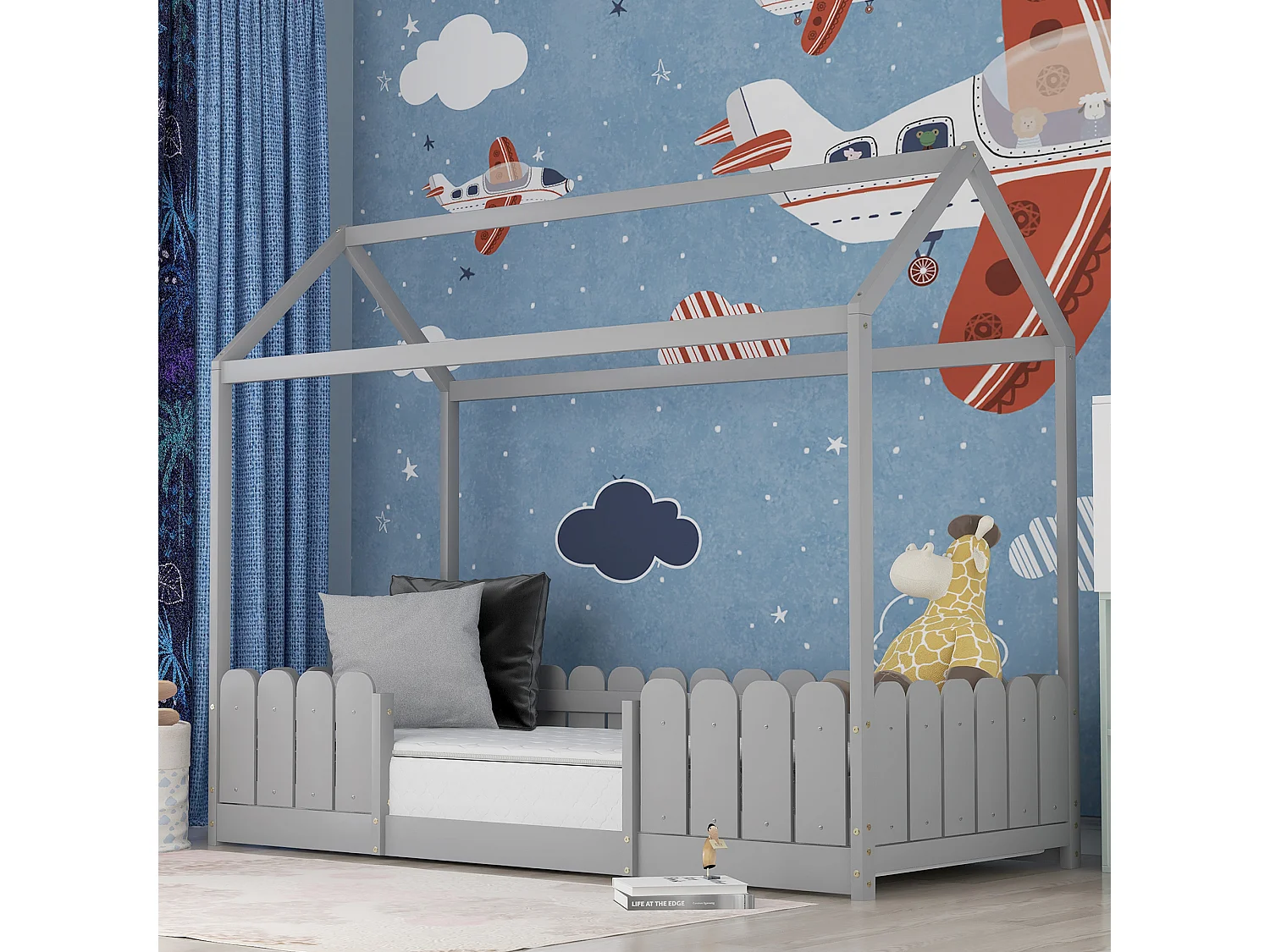 Lit cabane 90x200 cm - Lit d'enfant en bois polyvalent pour garçons & filles - Avec protection contre les chutes et sommier à lattes - Gris (Sans matelas)