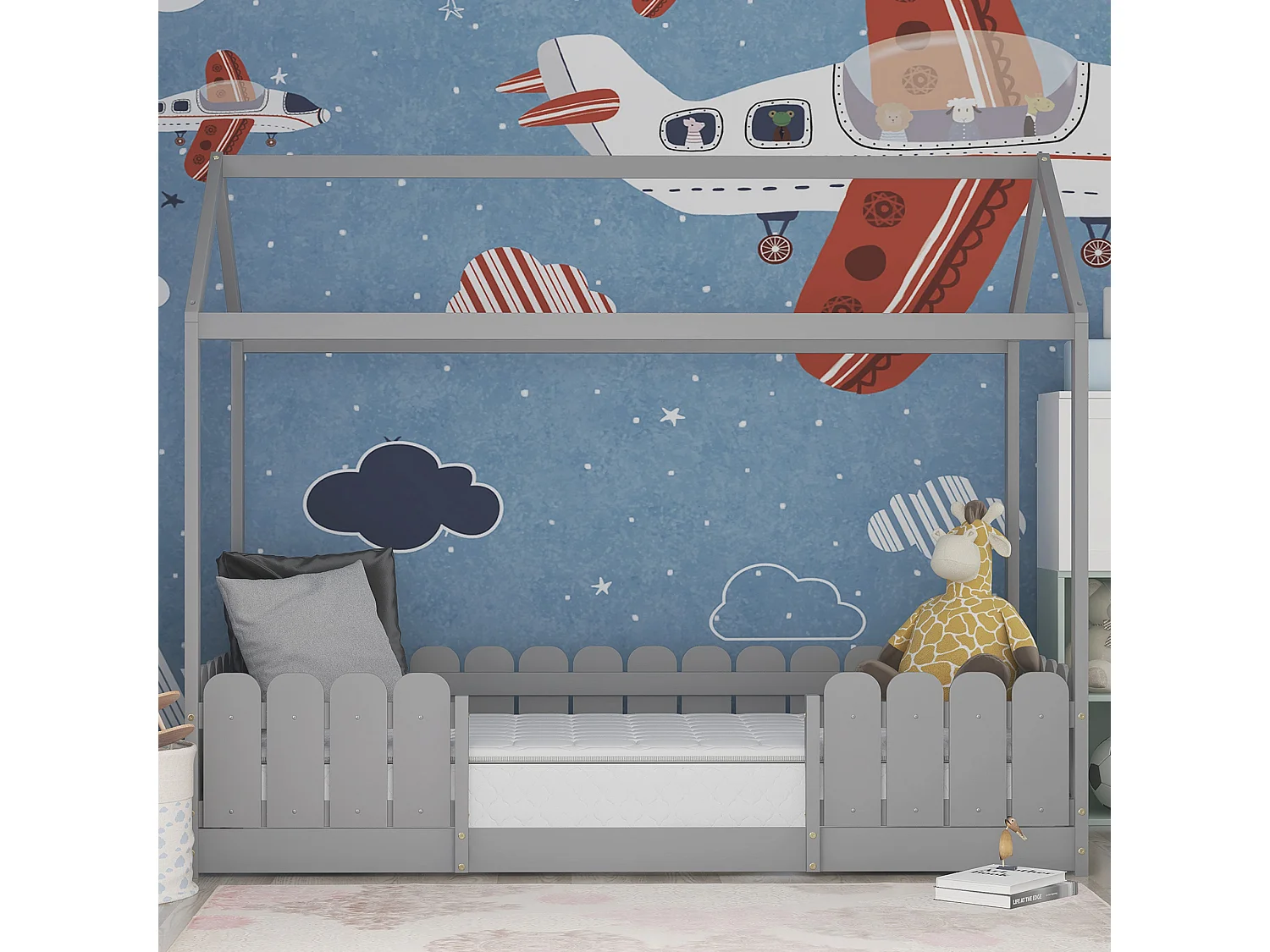 Lit cabane 90x200 cm - Lit d'enfant en bois polyvalent pour garçons & filles - Avec protection contre les chutes et sommier à lattes - Gris (Sans matelas)