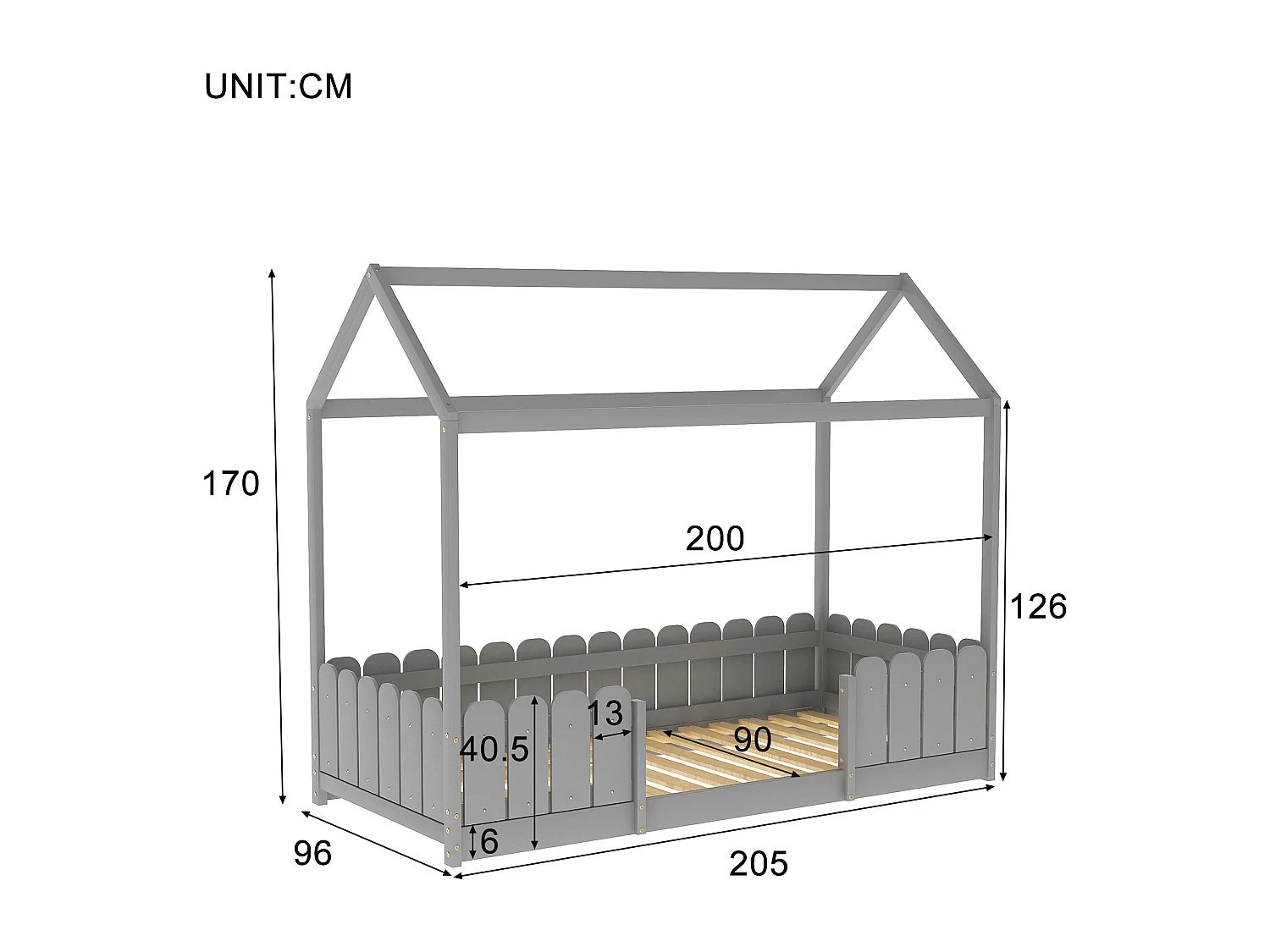 Lit cabane 90x200 cm - Lit d'enfant en bois polyvalent pour garçons & filles - Avec protection contre les chutes et sommier à lattes - Gris (Sans matelas)