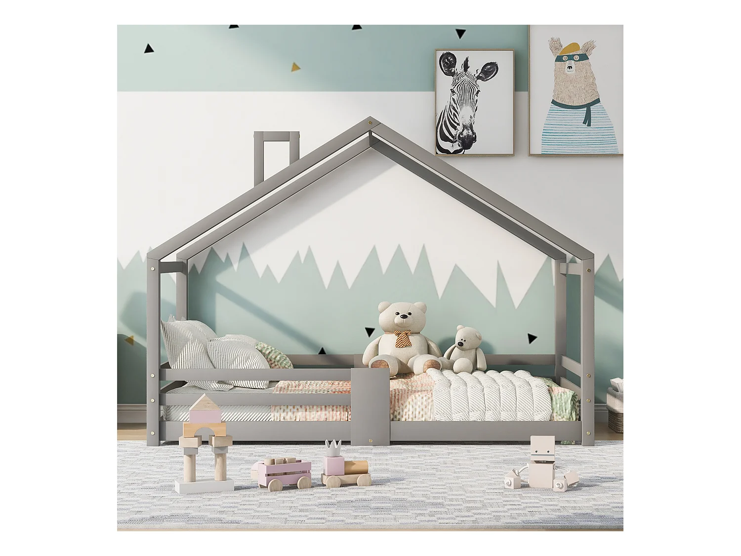 Lit cabane enfant, Lit d'enfant avec cheminée|Protection contre les chutes|Cadre à lattes robuste|Lit d'enfant en pin, 90x200 cm, sans matelas, gris