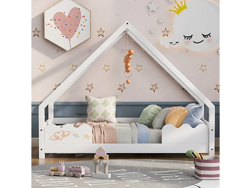Lit d'enfant 90x200cm avec protection contre les chutes, en bois massif blanc