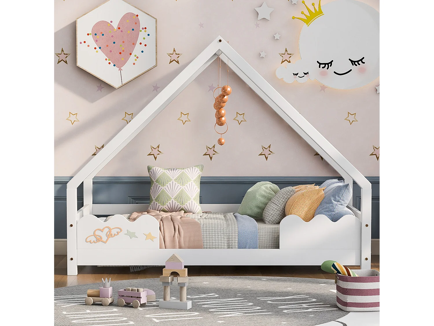 Cama infantil 90x200cm con protección anticaída, en madera maciza blanca