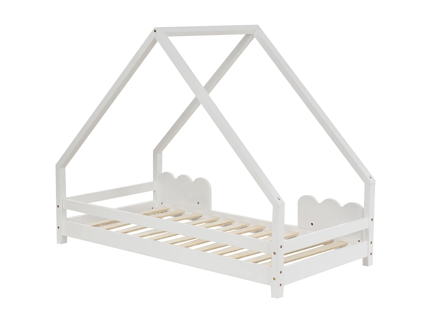 Cama infantil 90x200cm con protección anticaída, en madera maciza blanca