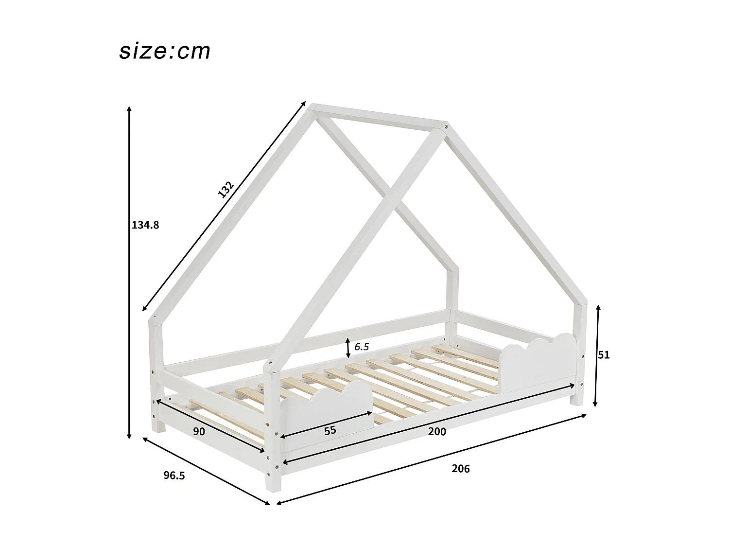 Letto per bambini 90x200 cm con protezione anticaduta, legno massiccio, bianco