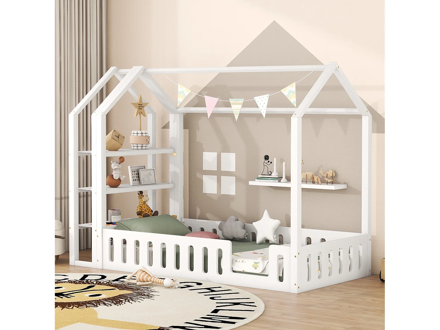 Lit d'enfant 90x200 cm, avec garde-corps, 3 étagères, blanc