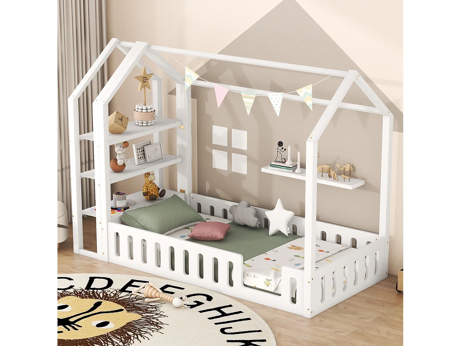 Lit d'enfant 90x200 cm, avec garde-corps, 3 étagères, blanc