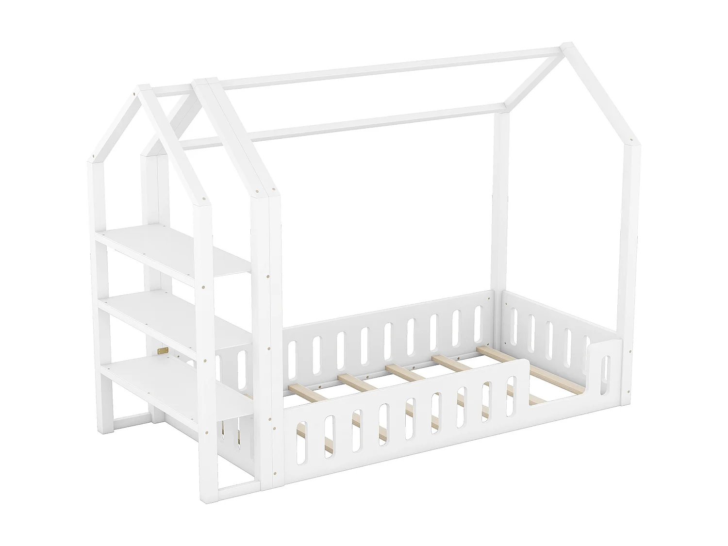 Lit d'enfant 90x200 cm, avec garde-corps, 3 étagères, blanc