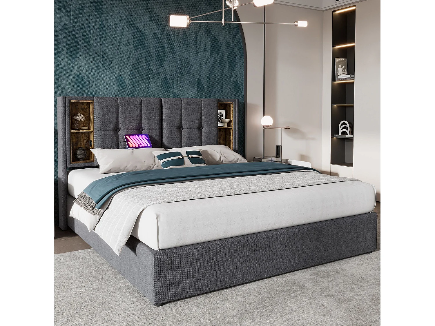 Erwachsenenbett, gepolstertes Doppelbett 180x200 cm, mit Stauraum und kabellosem USB C Ladegerät, graue Baumwolle (Matratze nicht enthalten).