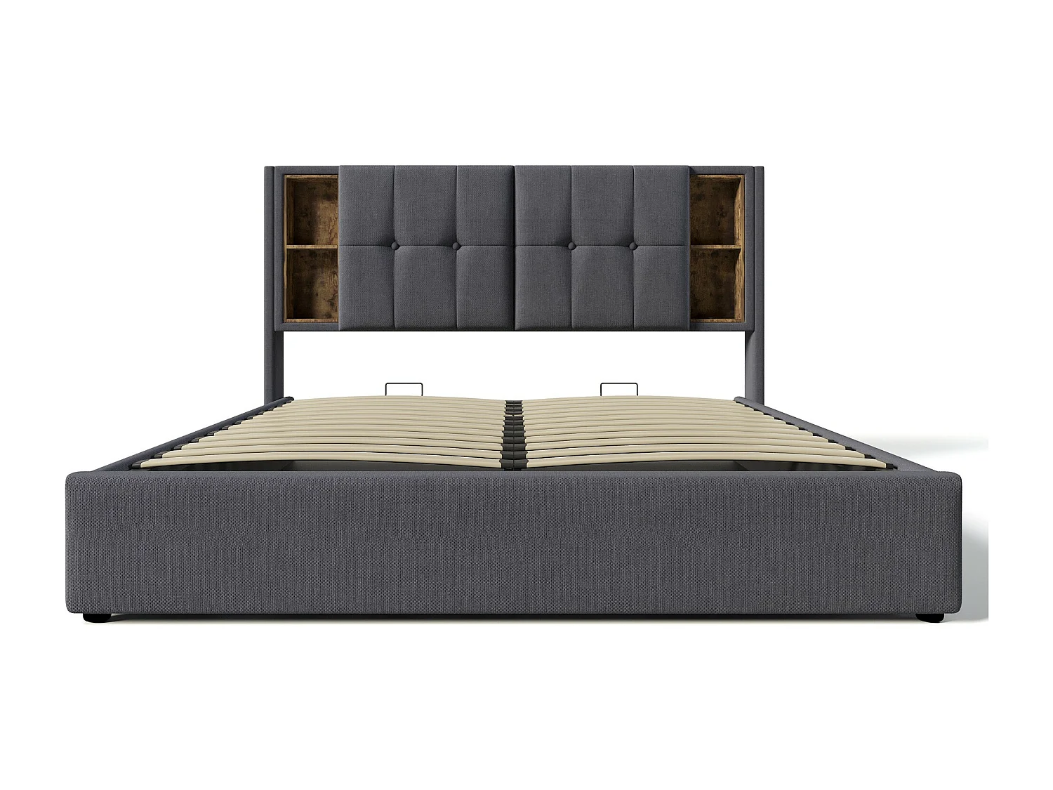 Cama para adultos, cama doble tapizada 140x200cm con espacio de almacenamiento y carga inalámbrica USB C, algodón gris (colchón no incluido)