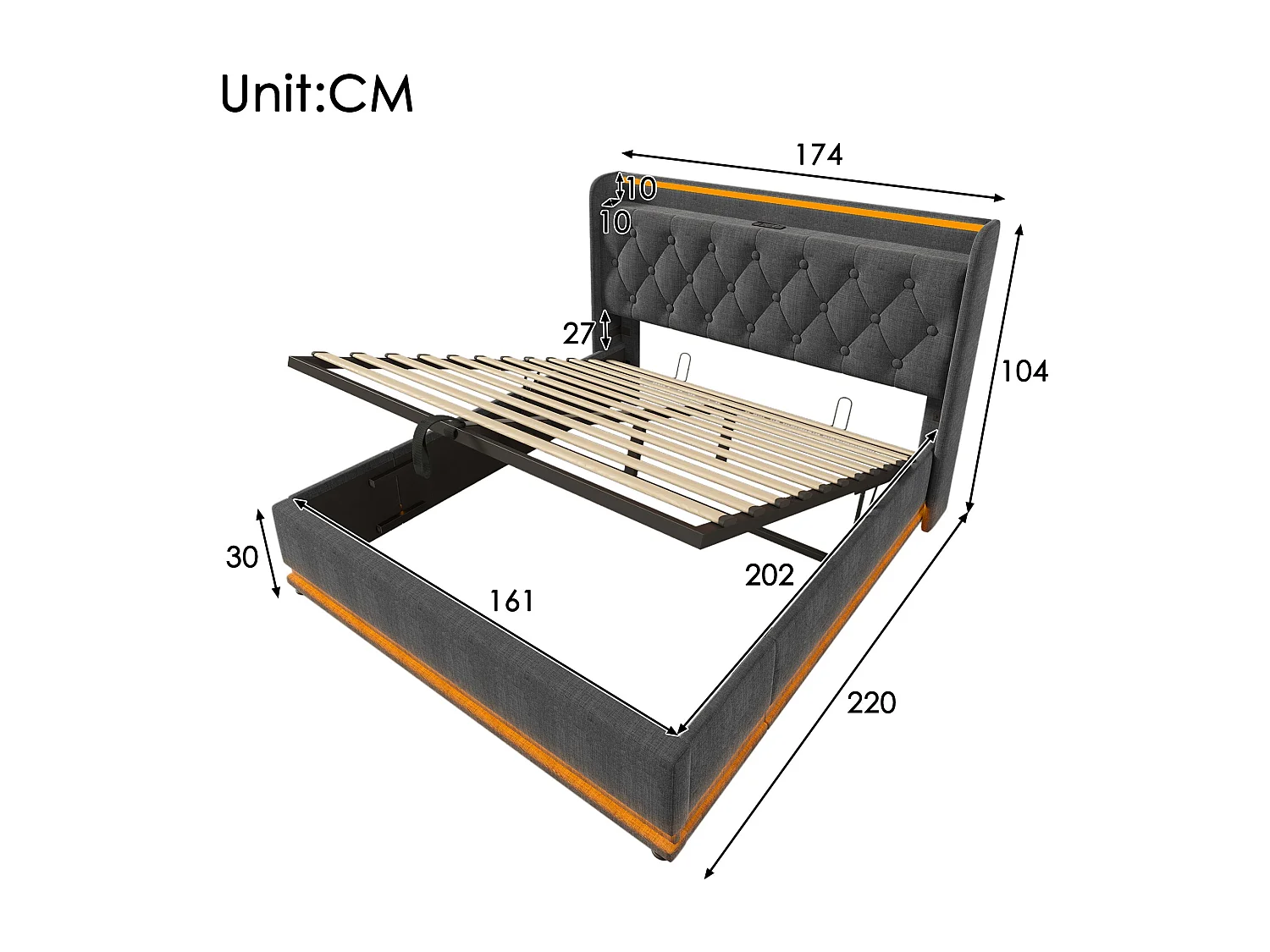 Erwachsenenbett, Doppelbett 160*200 cm, LED 360 Surround-Funktion, grauer Leinenstoff mit USB Type-C-Ladegerät.