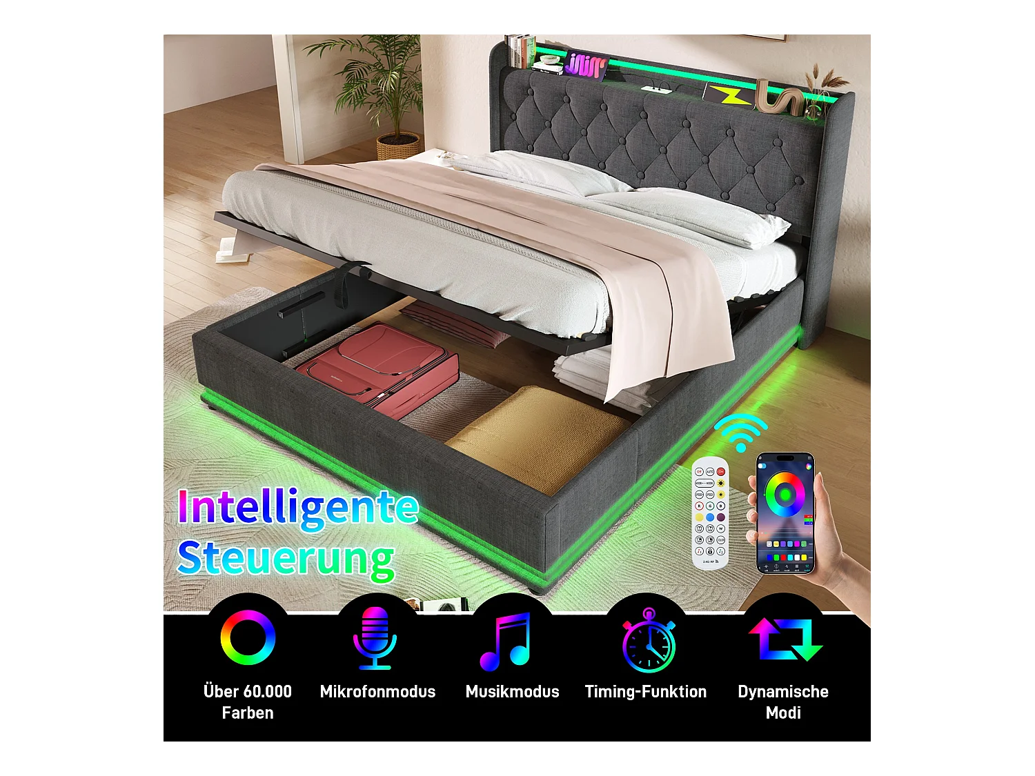 Lit d'adulte, double 160*200 cm, fonction LED 360 surround, tissu lin gris avec chargeur USB Type-C