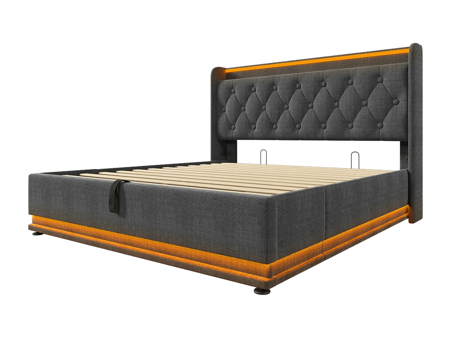 Cama acolchoada para adulto 180 x 1150 cm, sem cabeceira, com faixa LED (monocromática), base com suspensão hidráulica, bege.