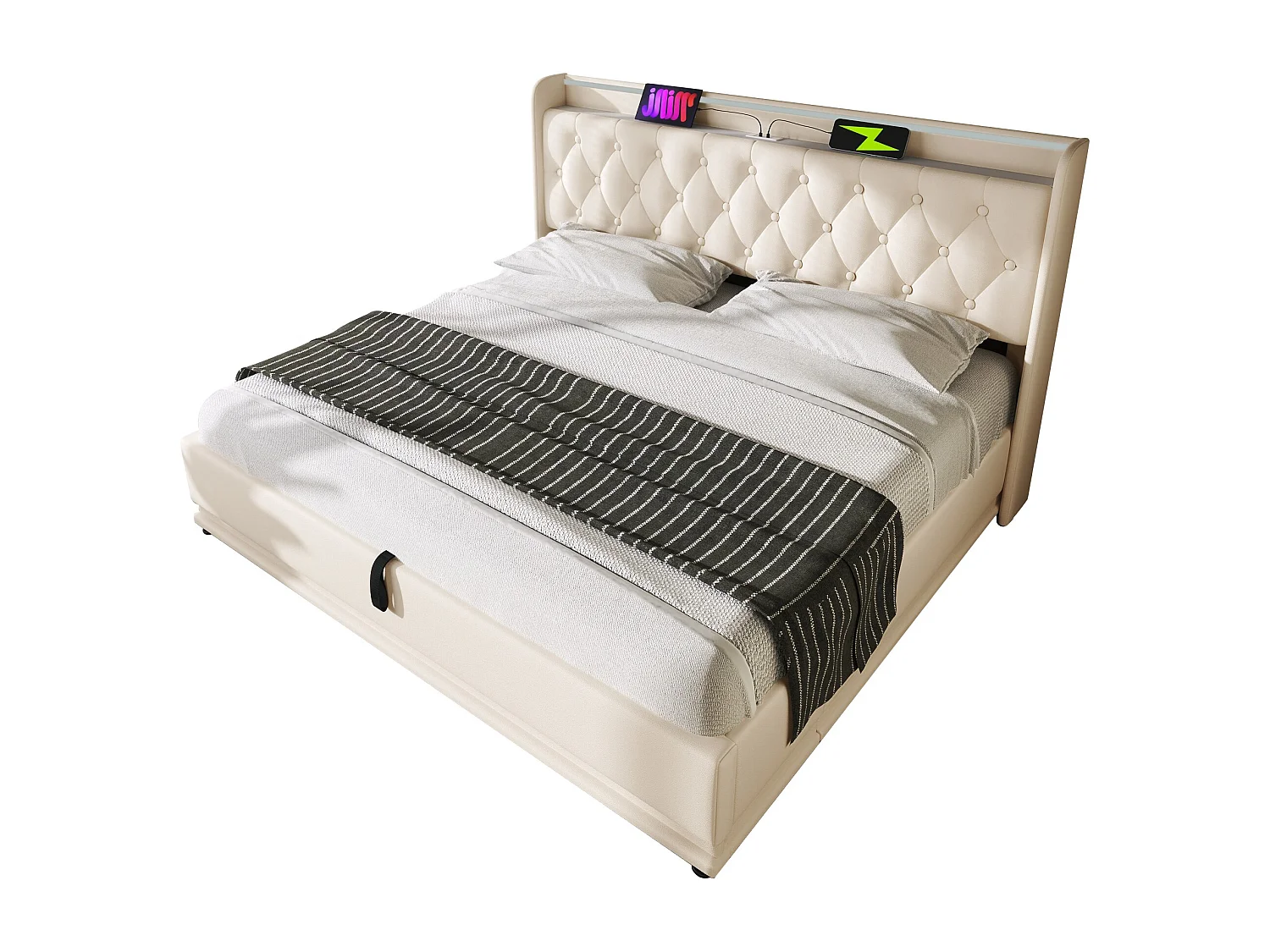 Erwachsenenbett, gepolstertes Doppelbett 160*200 cm, 360 umhüllende LED-Funktionen, weiß, PU-Material, mit USB-Typ-C-Ladefunktion.