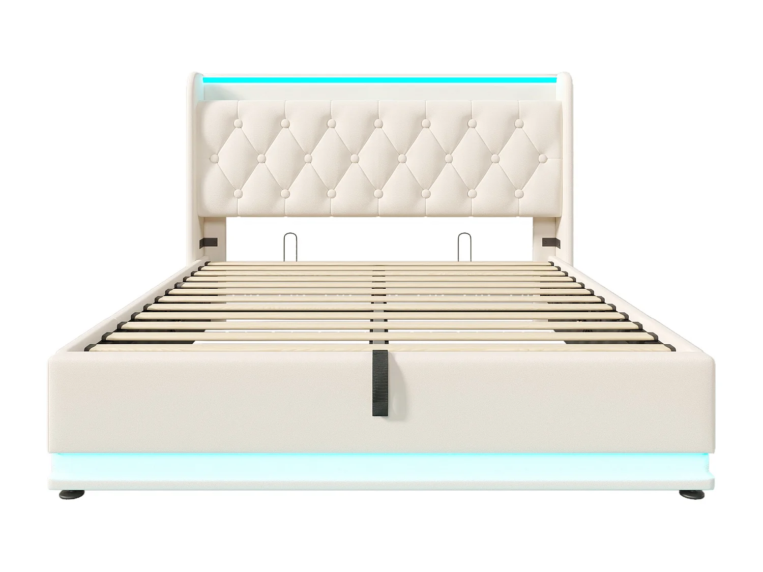 Erwachsenenbett, gepolstertes Doppelbett 160*200 cm, 360 umhüllende LED-Funktionen, weiß, PU-Material, mit USB-Typ-C-Ladefunktion.