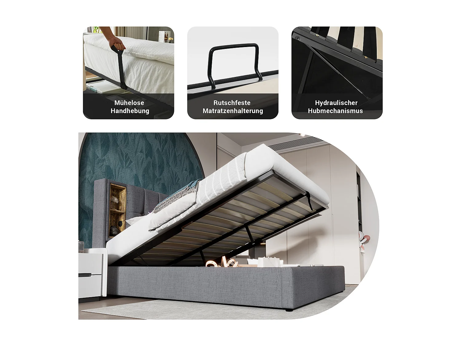 Cama para adultos, cama doble tapizada 160x200 cm, con espacio de almacenamiento y carga inalámbrica USB C, algodón gris (colchón no incluido)