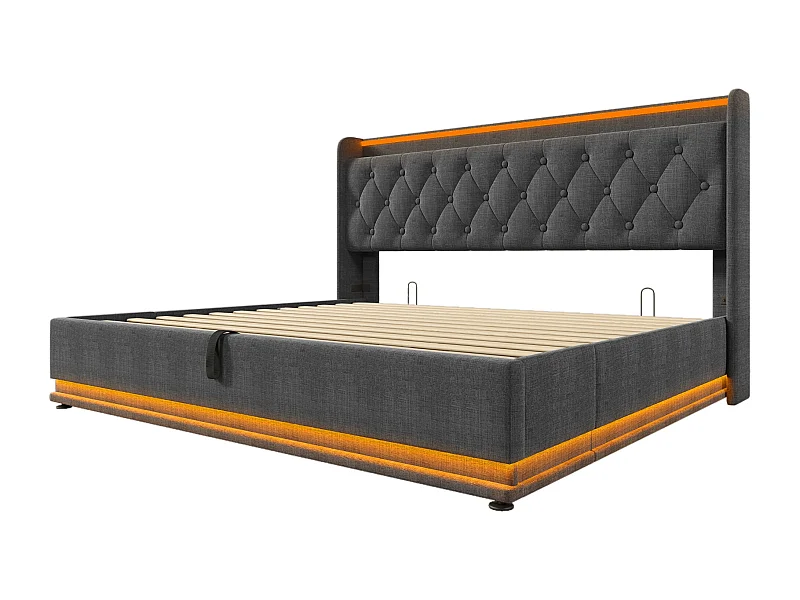 Cama para adultos, cama doble tapizada 180*200 cm, función LED envolvente 360, tejido de lino gris, con función de carga USB Type-C.