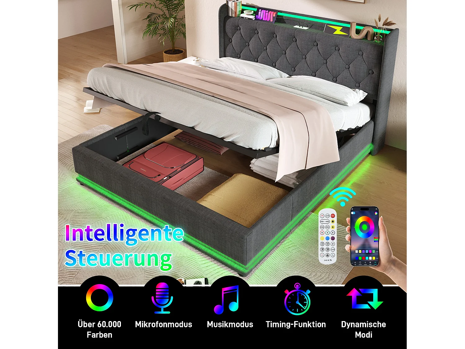 Erwachsenenbett, gepolstertes Doppelbett 180*200 cm, LED 360 Surround-Funktion, grauer Leinenstoff, mit USB Type-C-Ladefunktion.