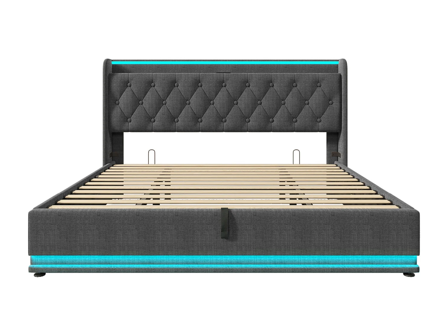 Cama acolchoada para adulto 180 x 1149 cm, sem cabeceira, com faixa LED (monocromática), base com suspensão hidráulica, bege.