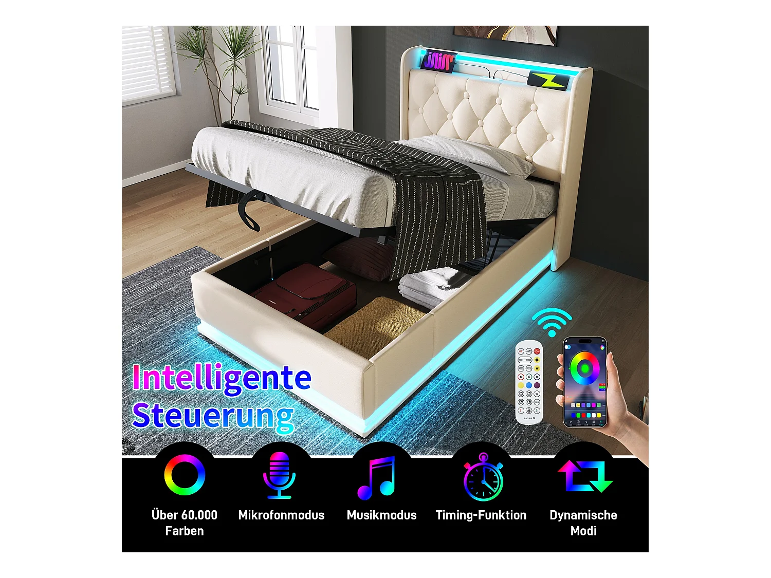 Lit d'adulte, lit simple rembourré 90*200 cm, fonction LED 360 surround, blanc, matériau PU, avec fonction de recharge USB Type-C.