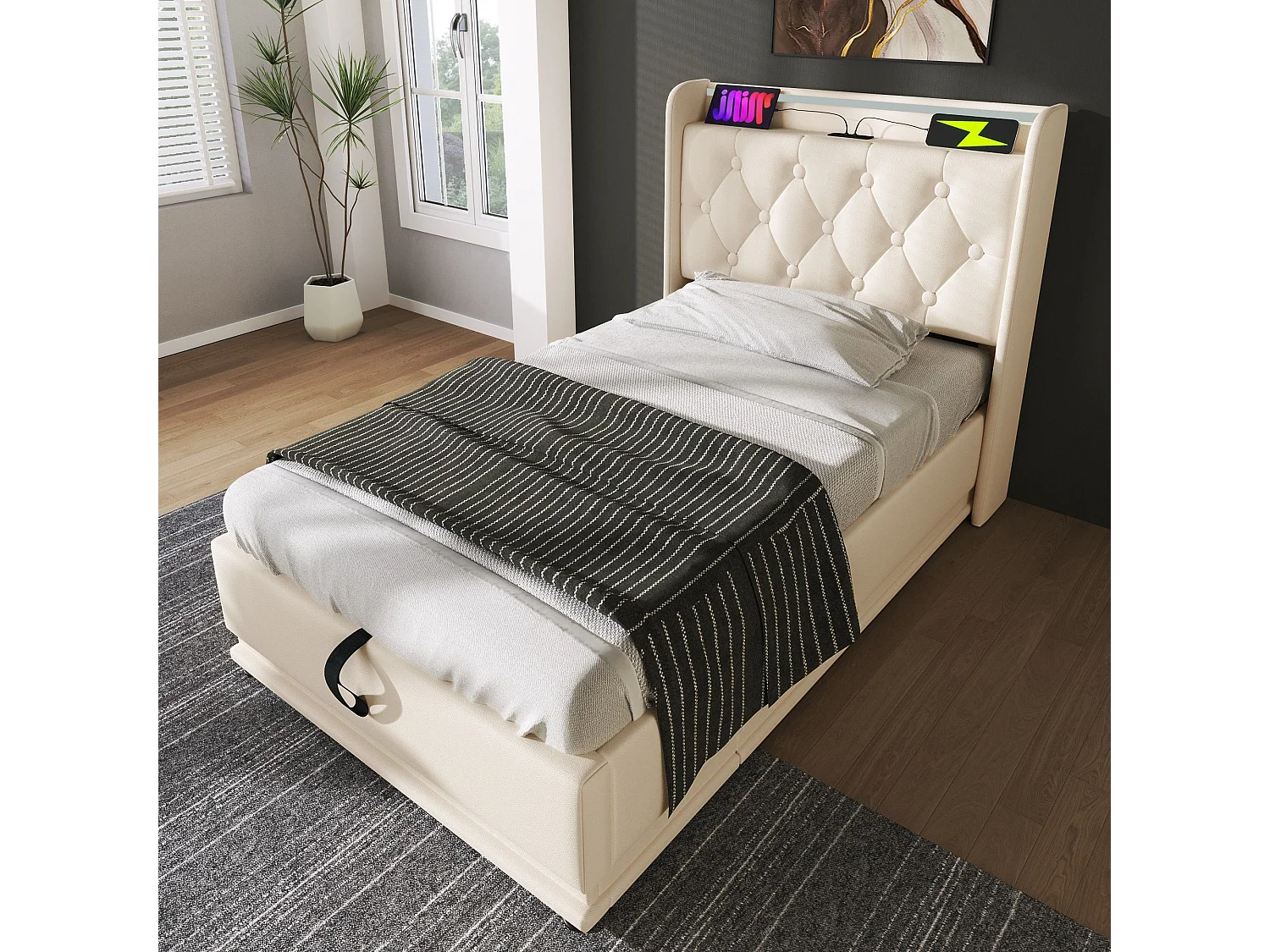 Cama acolchoada para adulto 180 x 467 cm, sem cabeceira, com faixa LED (monocromática), base com suspensão hidráulica, bege.