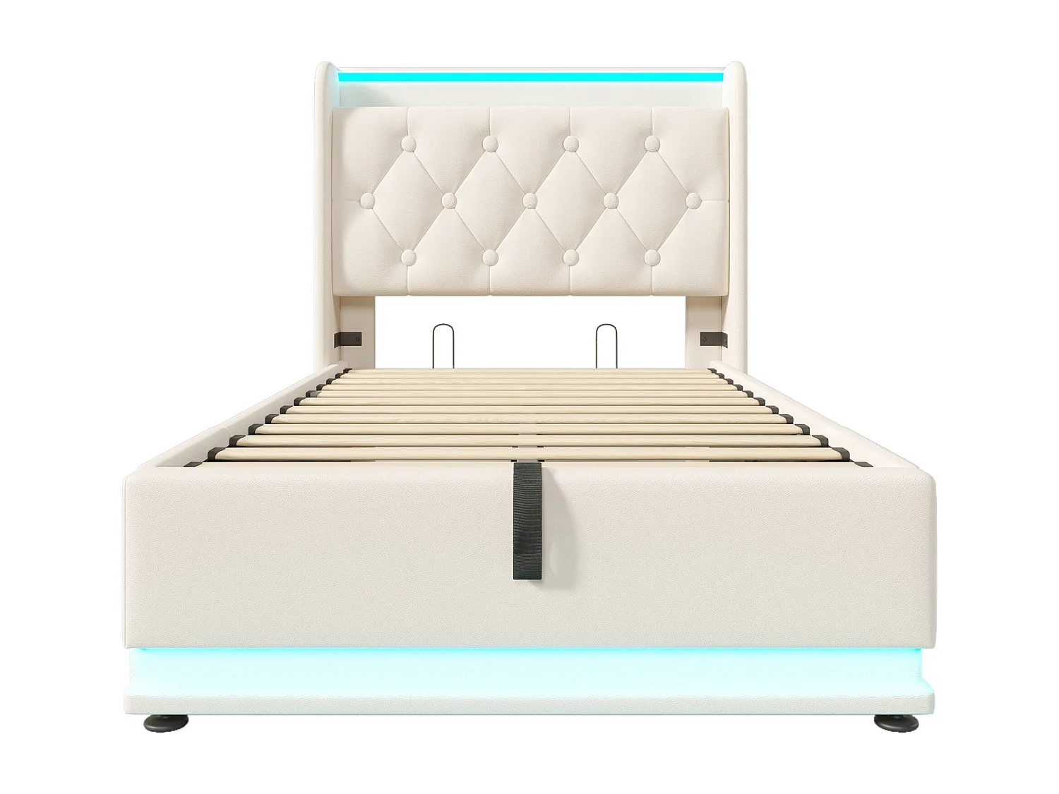 Cama acolchoada para adulto 180 x 467 cm, sem cabeceira, com faixa LED (monocromática), base com suspensão hidráulica, bege.