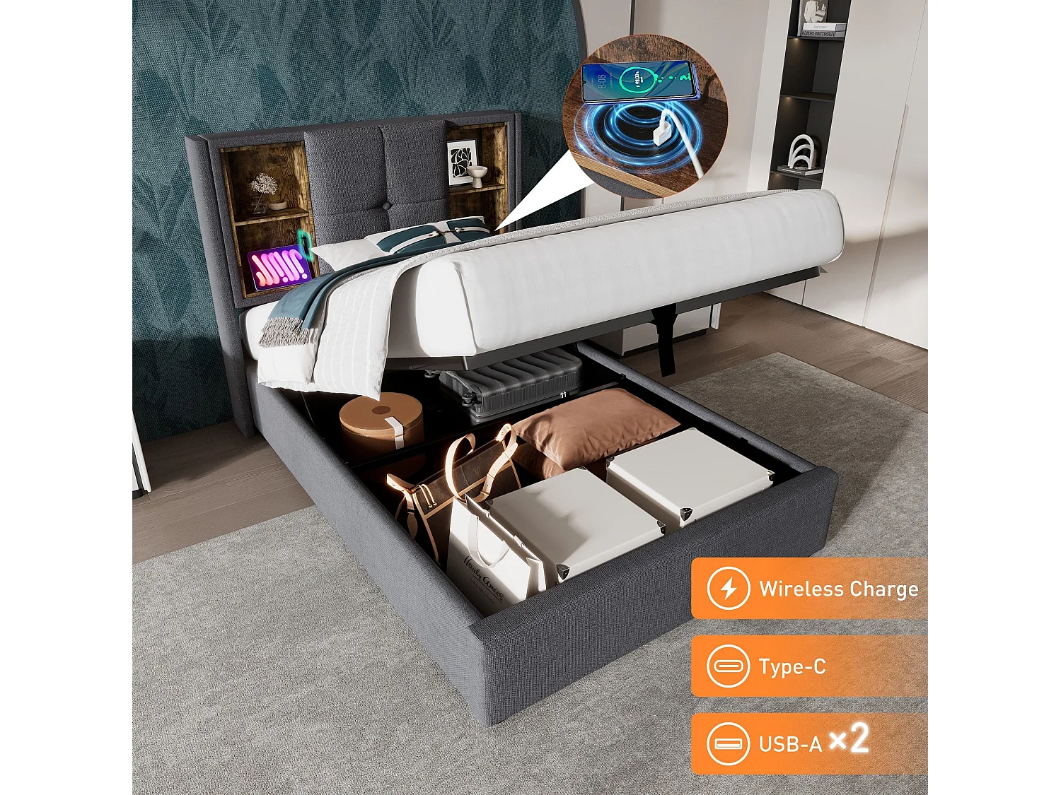 Letto per adulti, letto singolo imbottito 90x200 cm, con contenitore e caricatore USB C wireless, legno di cotone grigio (materasso non incluso)