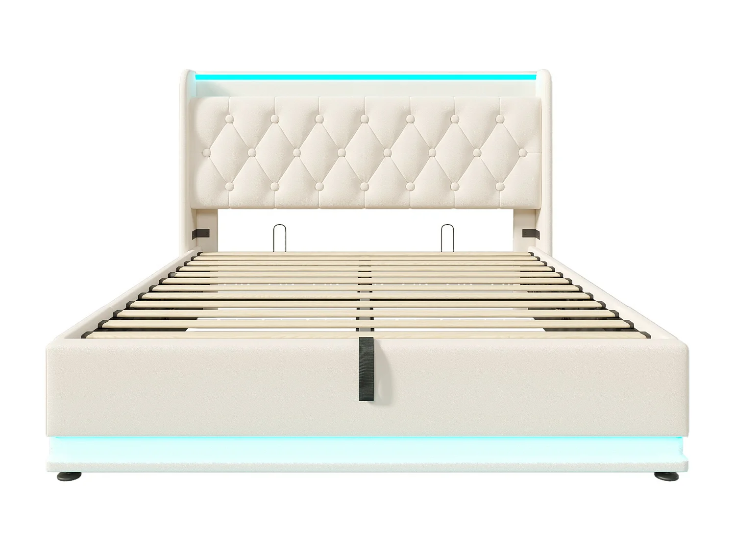 Cama acolchoada para adulto 180 x 628 cm, sem cabeceira, com faixa LED (monocromática), base com suspensão hidráulica, bege.