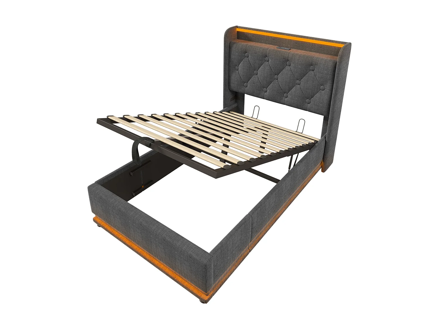 Lit adulte, lit simple rembourré 90*200 cm, fonction LED 360 surround, tissu lin gris, avec fonction de recharge USB Type-C.