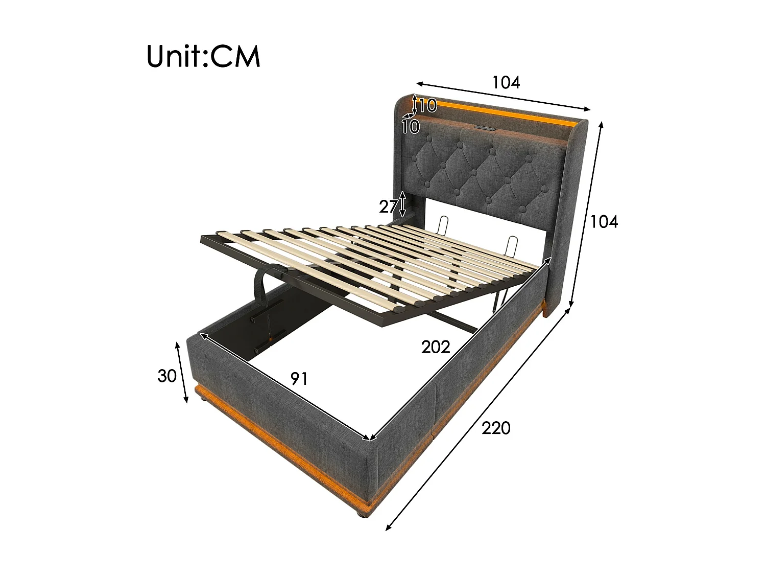 Letto per adulti, letto singolo imbottito 90*200 cm, funzione LED surround 360, tessuto di lino grigio, con funzione di ricarica USB Type-C
