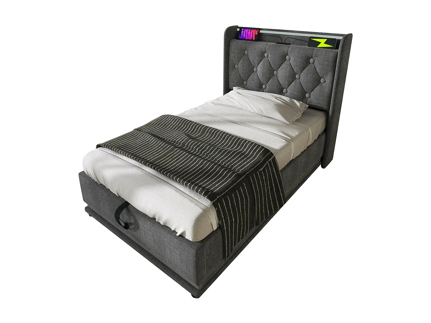 Letto per adulti, letto singolo imbottito 90*200 cm, funzione LED surround 360, tessuto di lino grigio, con funzione di ricarica USB Type-C