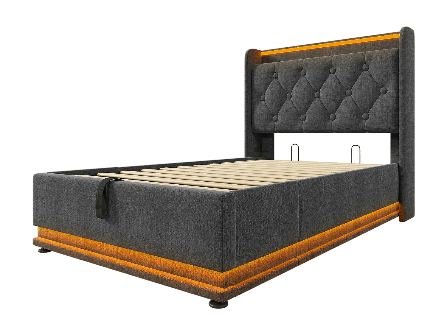 Letto per adulti, letto singolo imbottito 90*200 cm, funzione LED surround 360, tessuto di lino grigio, con funzione di ricarica USB Type-C