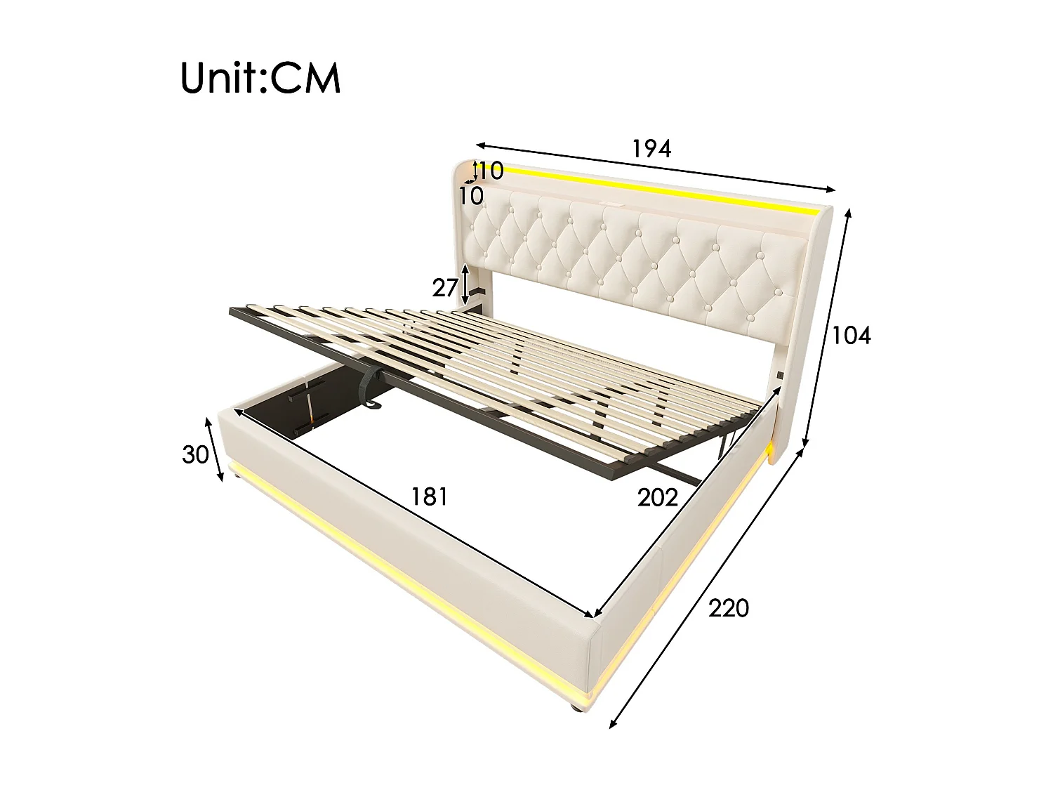 Erwachsenenbett, gepolstertes Doppelbett 180*200 cm, 360 LED-Funktionen rundherum, weiß, PU-Material, mit USB-Typ-C-Ladefunktion.