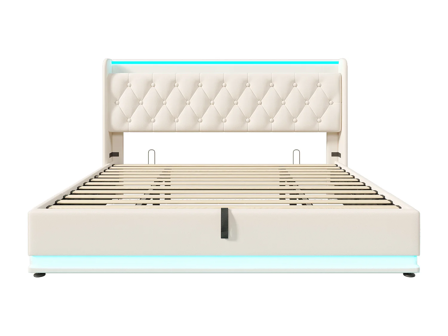 Cama acolchoada para adulto 180 x 470 cm, sem cabeceira, com faixa LED (monocromática), base com suspensão hidráulica, bege.