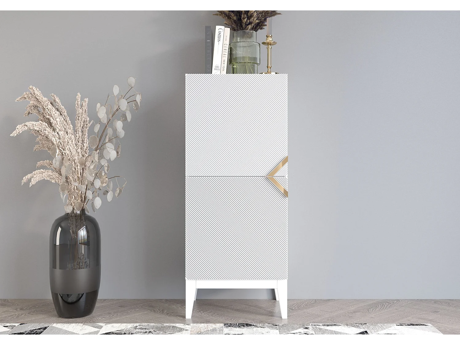 Highboard Demi 2d high, weiß-gold, mit gefrästen fronten, massive buche