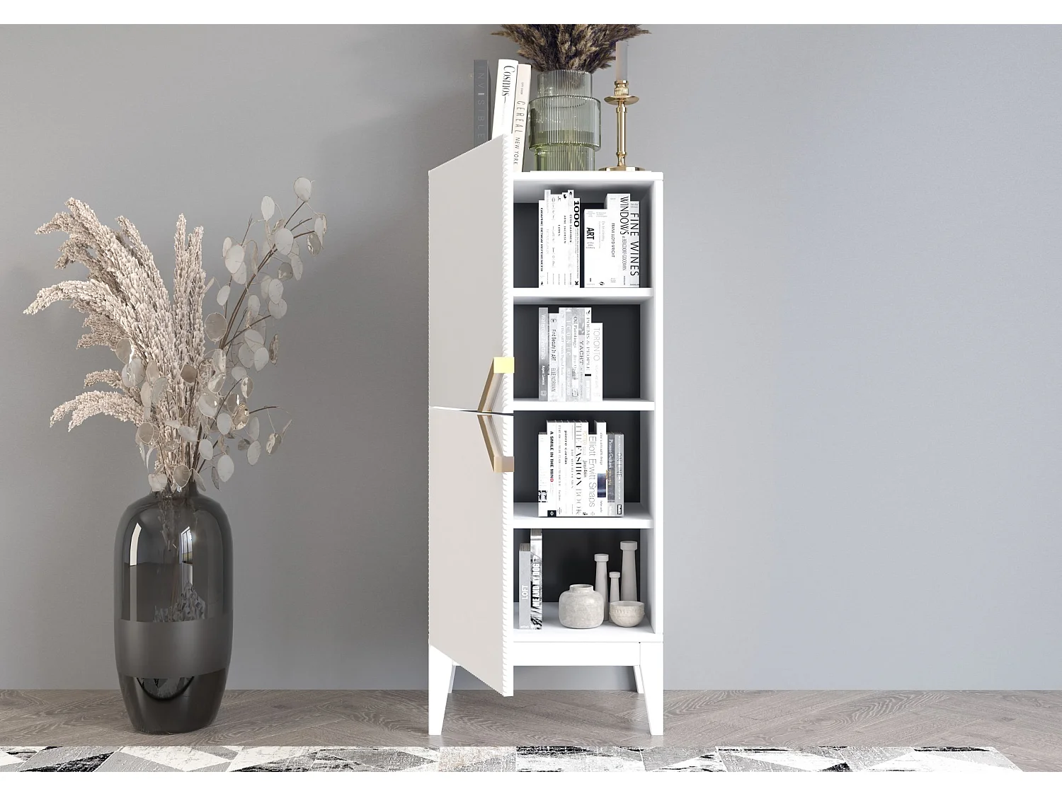 Highboard Demi 2d high, weiß-gold, mit gefrästen fronten, massive buche