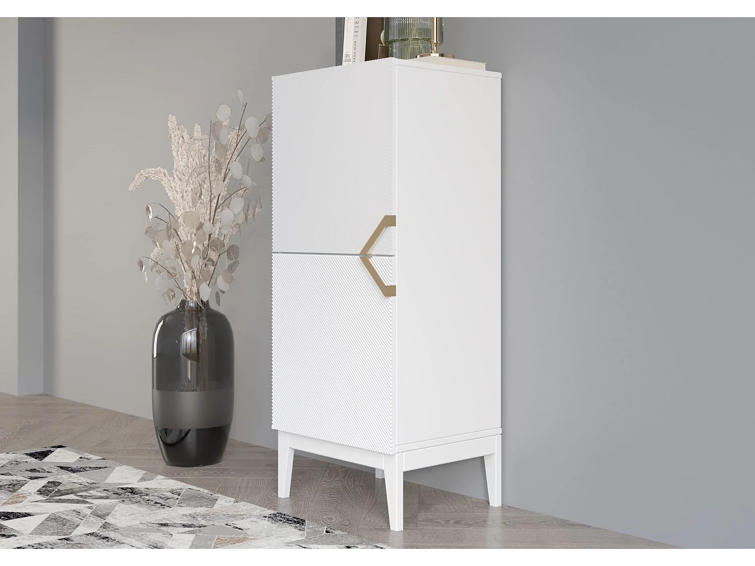 Highboard Demi 2d high, weiß-gold, mit gefrästen fronten, massive buche