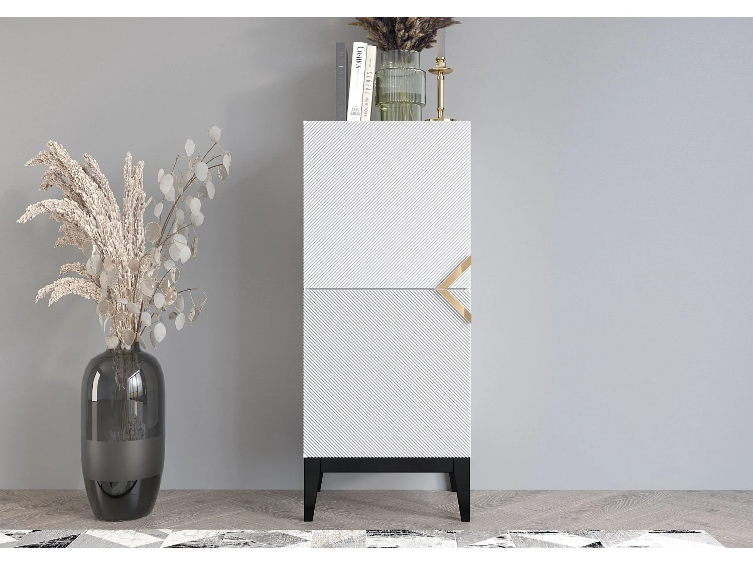 Highboard Demi 2d high, weiß-schwarz-gold, mit gefrästen fronten, massive buche